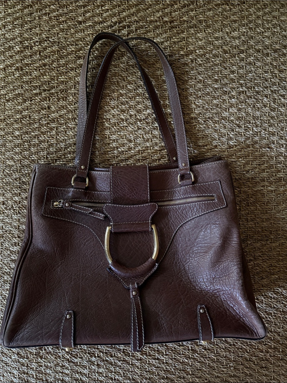 Dolce & Gabbana Brown Leather Tote with Gold-Tone Ring Detail